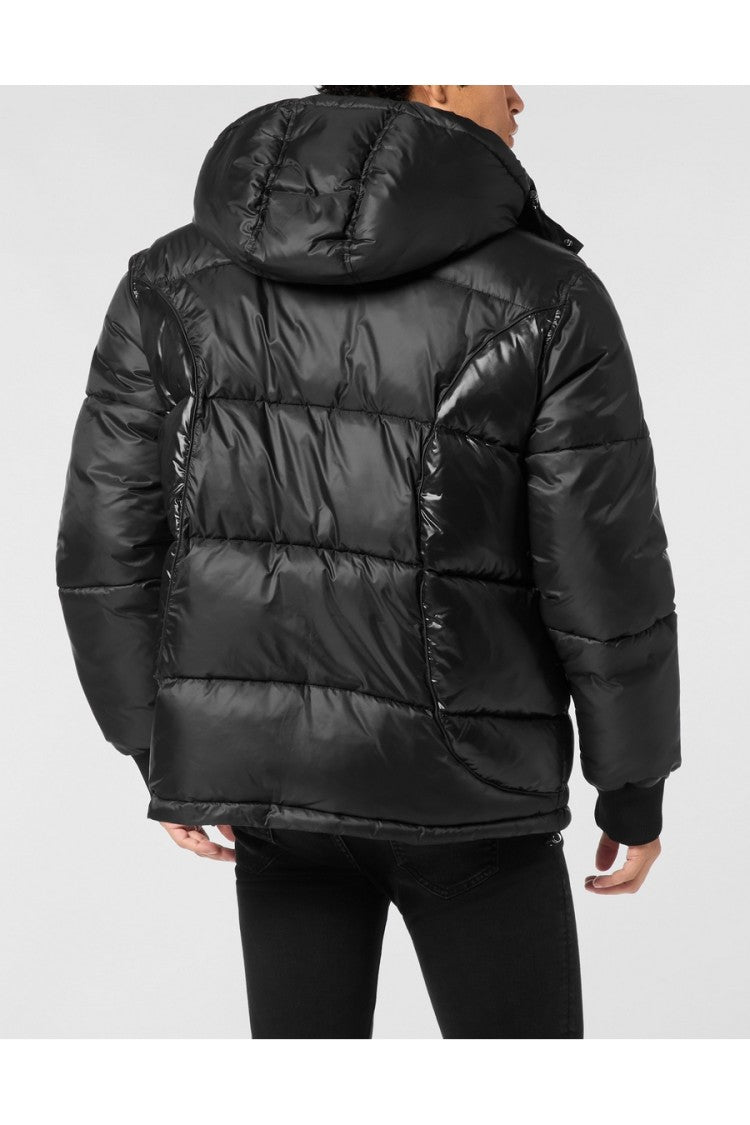 Philipp Plein Black Mixed Matte-Gloss Quilted Hexagon Patch Nylon Down Jacket