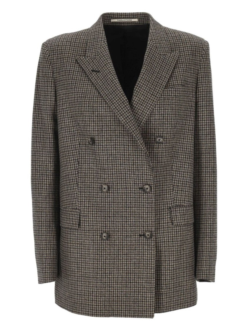 Tagliatore Double-Breasted Houndstooth Blazer With Peak Lapels And Welt Pockets
