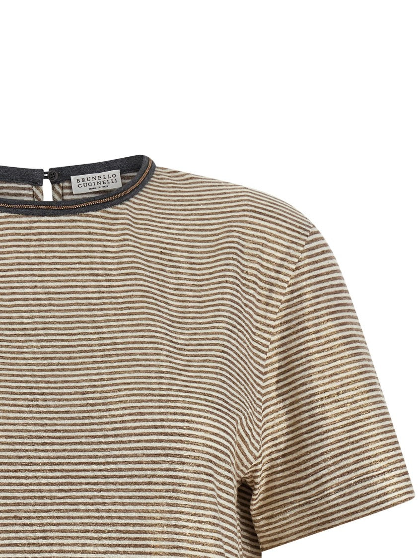 Brunello Cucinelli 'Shiny Collar Detail' Striped Linen T-Shirt