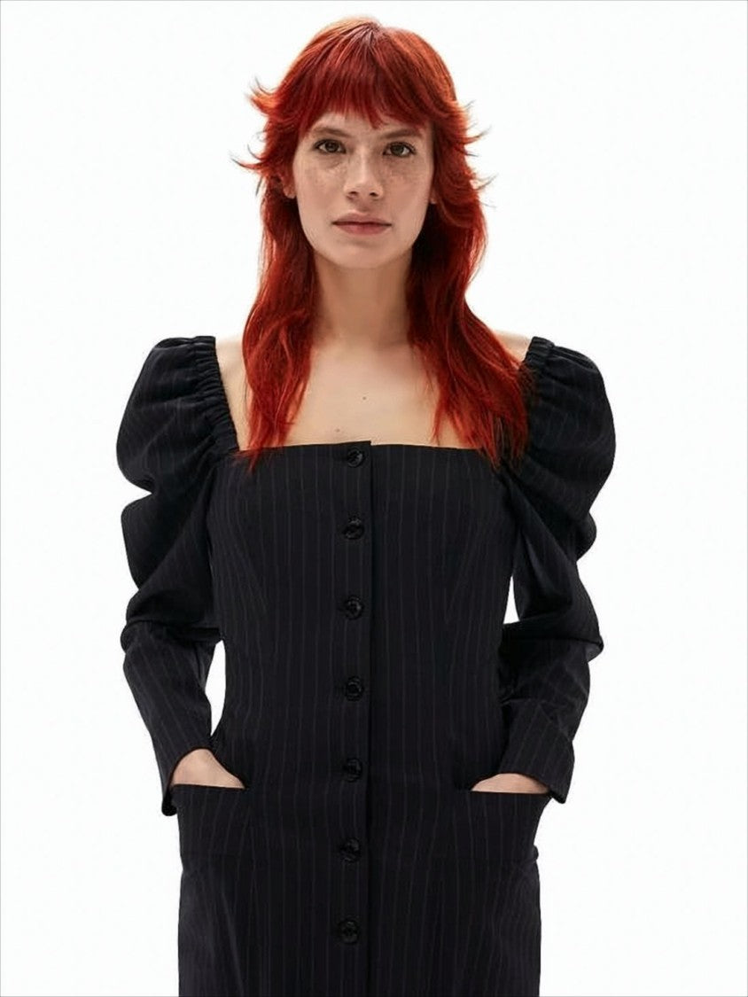 Ganni Square Neck Puffed Sleeve Midi Dress With Button-Down Front