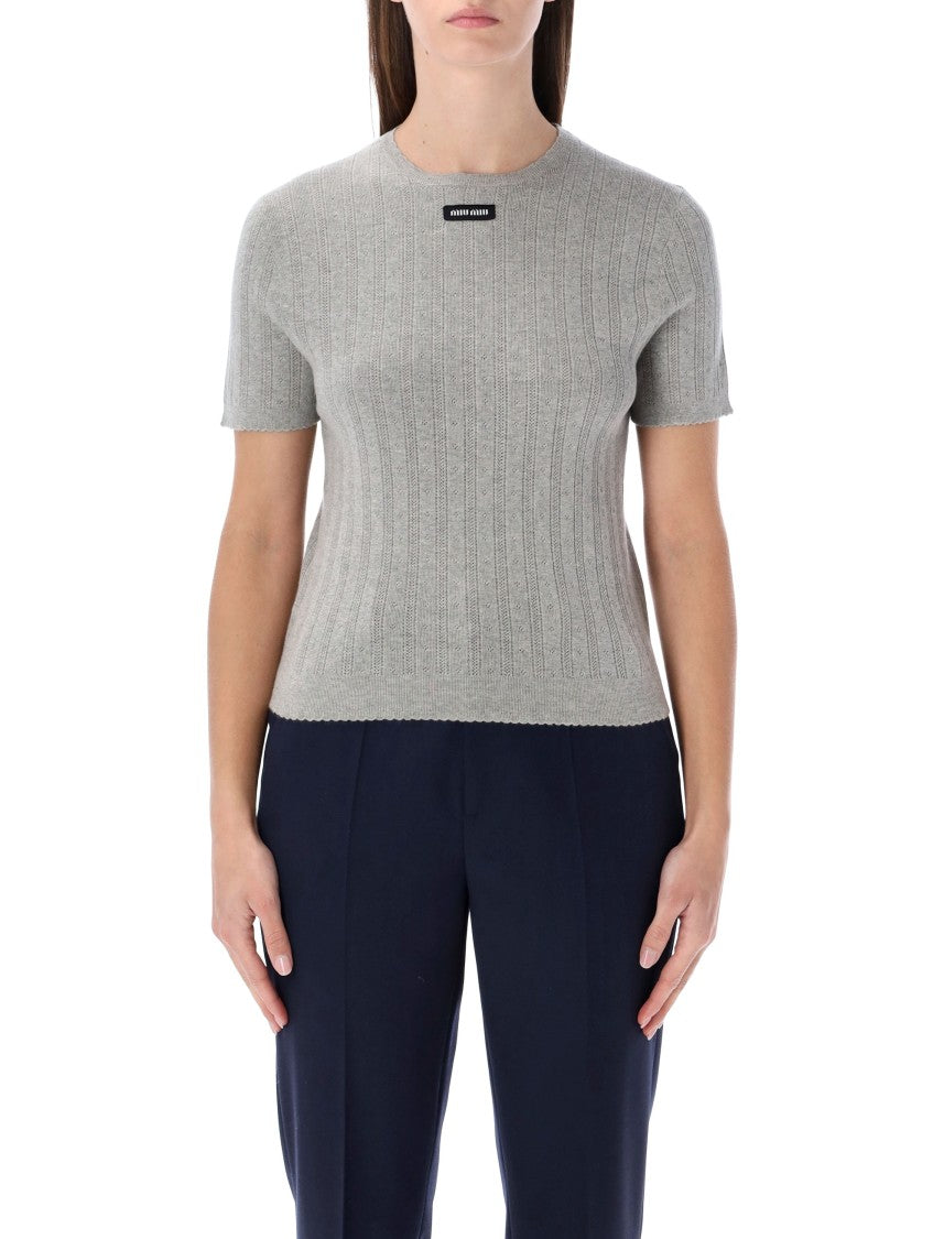 Miu Miu Short-Sleeve Ribbed Cotton Top With Logo Patch