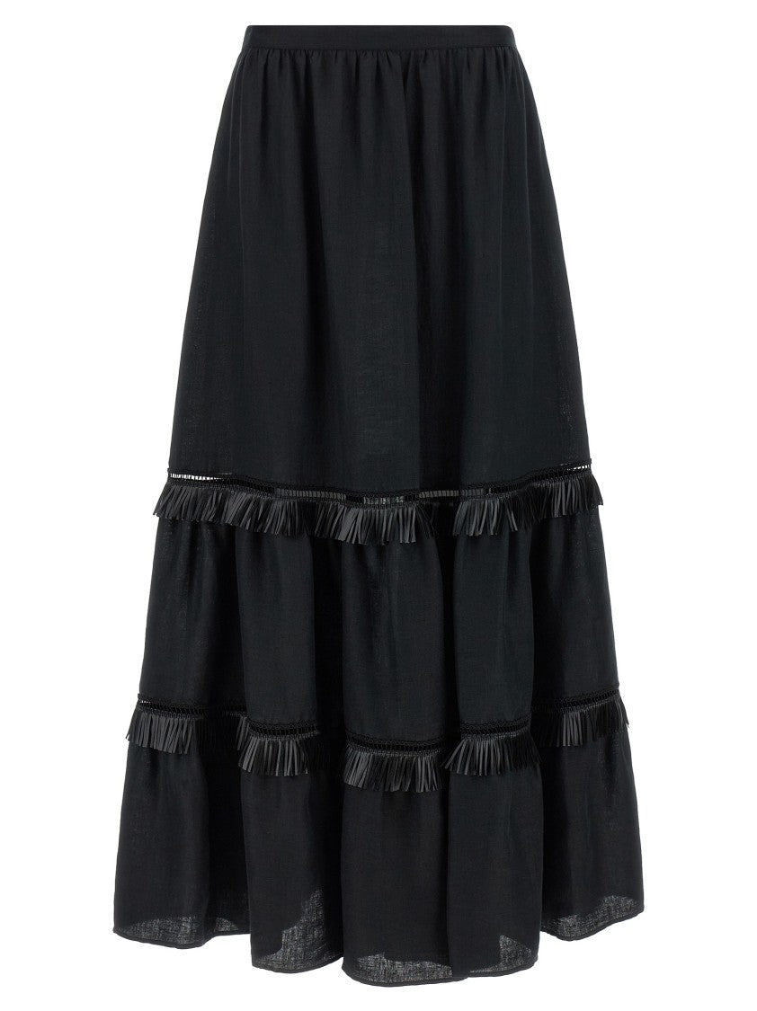 Kiton Fringed Maxi Skirt With Tiered Design And Belted Waist