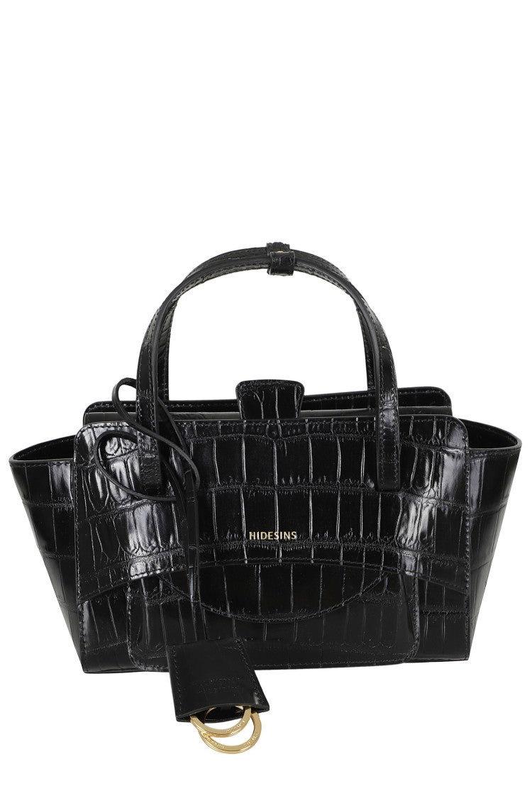 Hidesins Black Small Crocodile-Embossed Flap S Pocket Leather Shoulder Bag