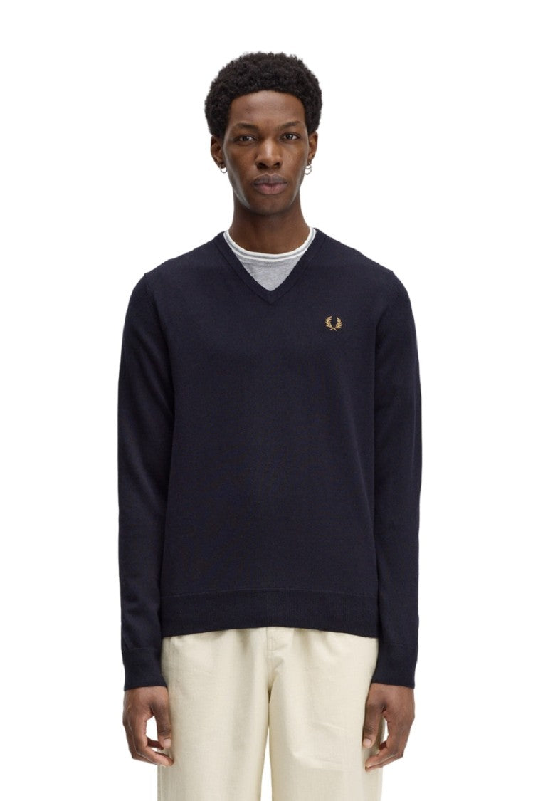 Fred Perry Blue Wool/Cotton Blend V-Neck Pullover