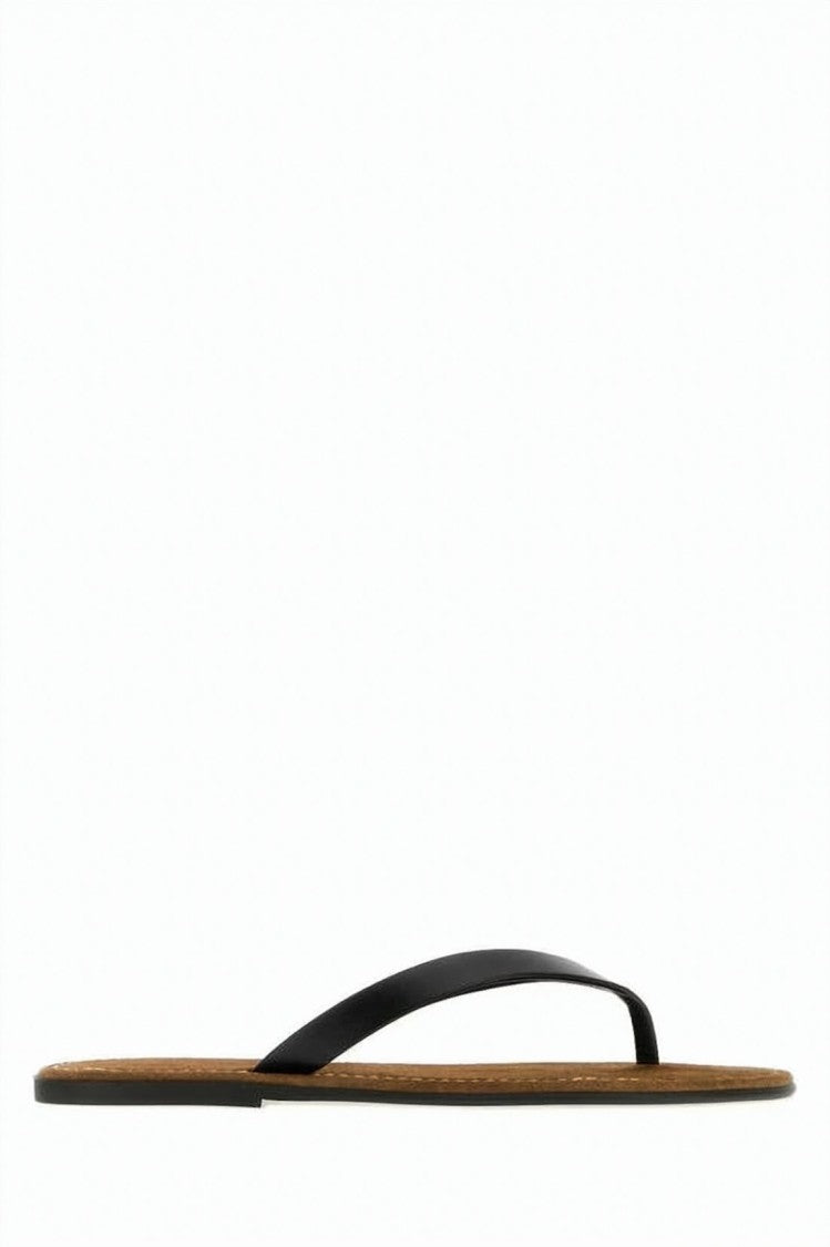 The Row Minimalist Black Calf Leather Flip-Flops With Brown Rubber Sole