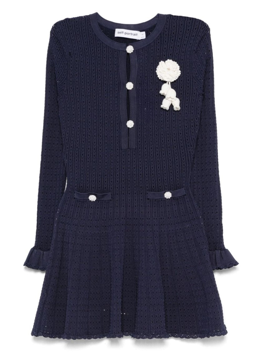 Self-Portrait Blue Mini Dress With Open-Knit Bodice