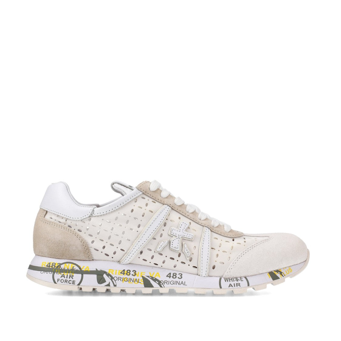 Premiata Lucy Sneakers In Laser-Cut Leather And White Suede