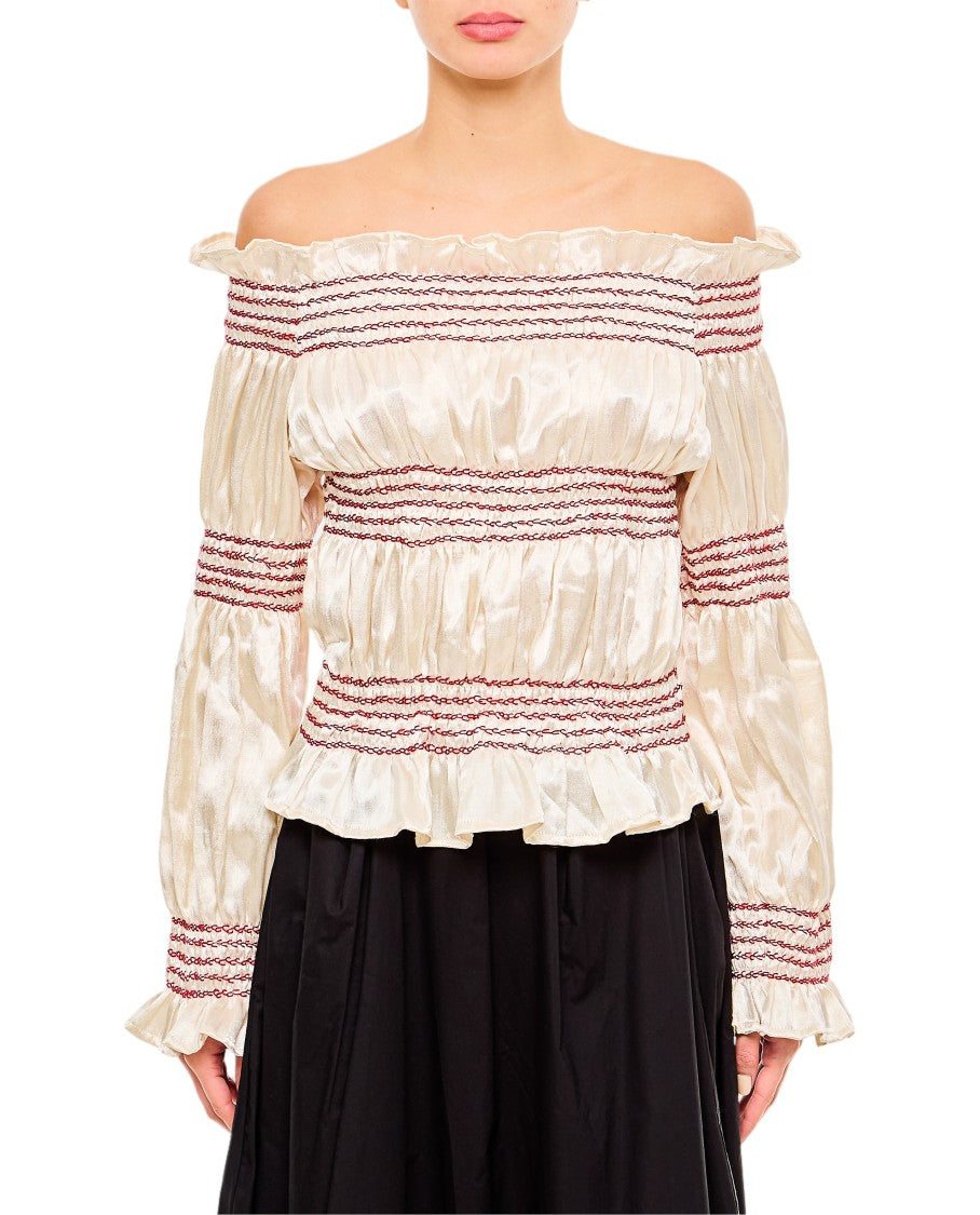 Tigra Tigra Cropped Long-Sleeved Top With Bateau Neckline And Ruched Design