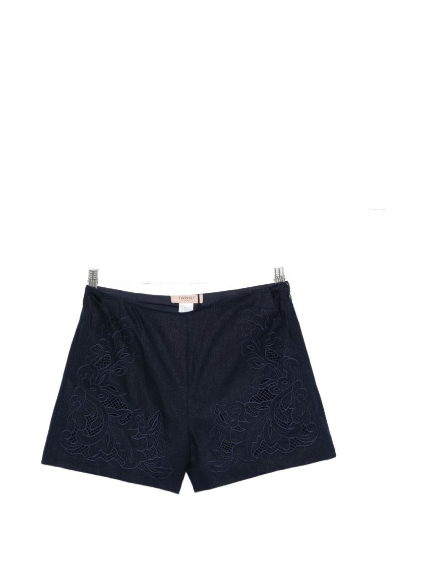 Twin-Set Night Blue Floral Embroidered Shorts
