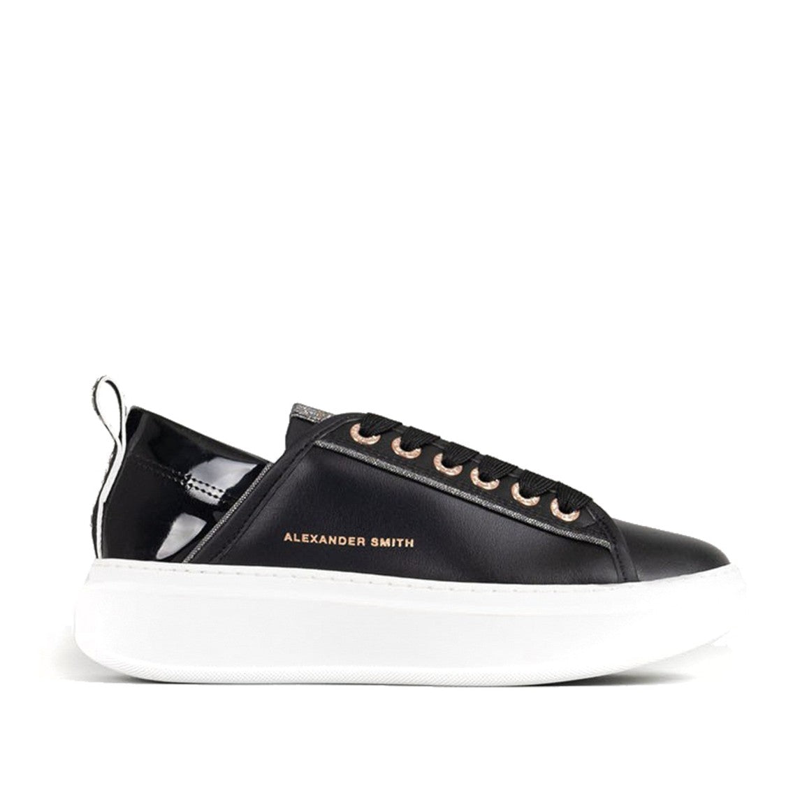 Alexander Smith Black Glossy Accent Bold Sole Leather Sneakers
