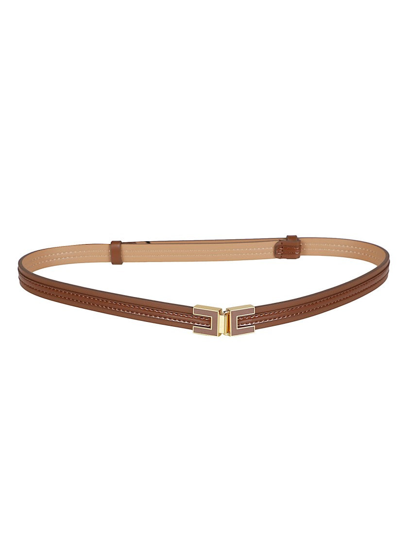 Elisabetta Franchi Slim Brown Belt With Geometric Gold-Tone Buckle