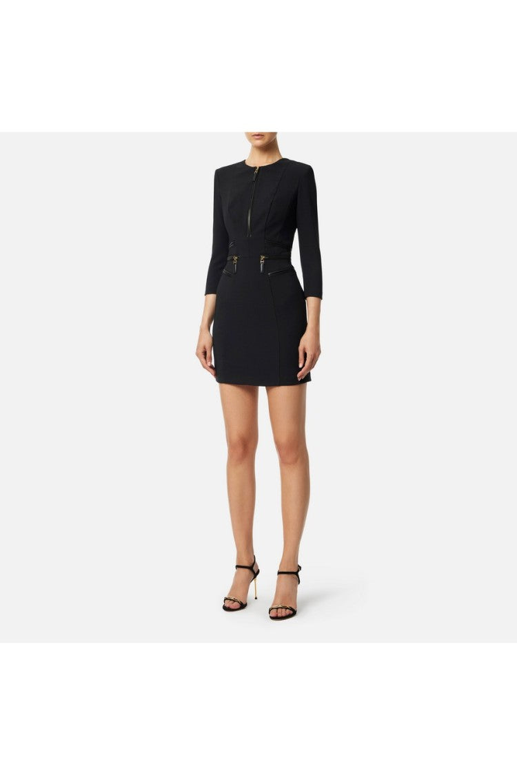 Elisabetta Franchi Black Leather-Trimmed Zip-Front Polyester-Blend Mini Dress