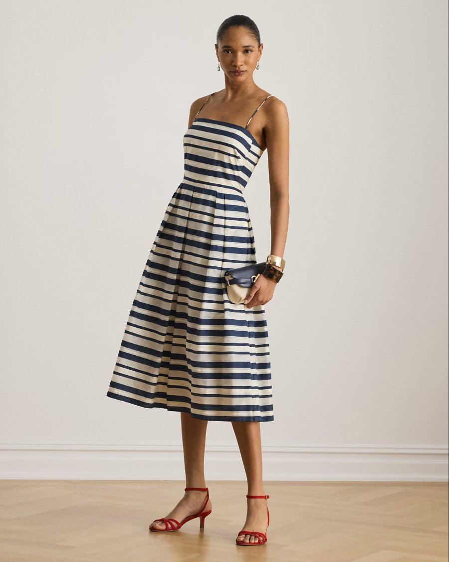 Lauren Ralph Lauren Navy Blue Woven Satin Stripe Dress