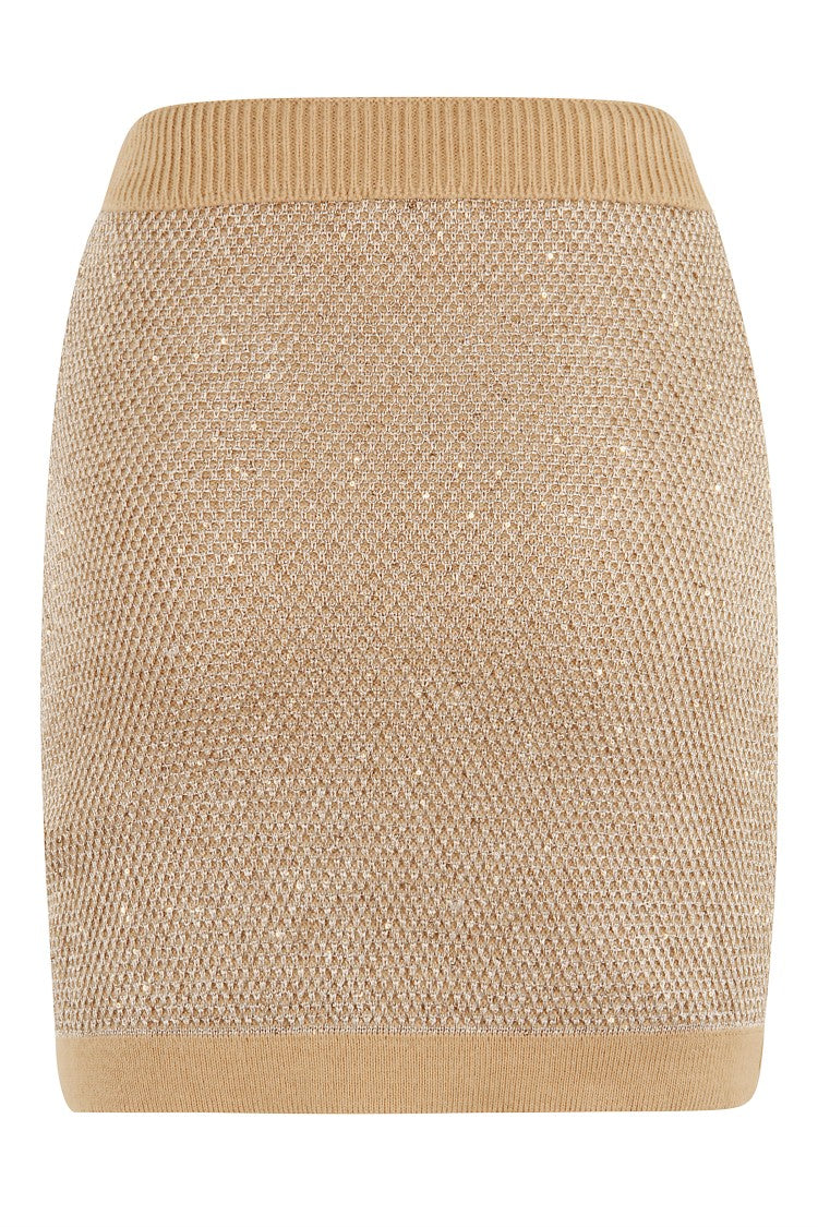 Elisabetta Franchi Honey Textured Knit Skirt With Gold Applique Buttons