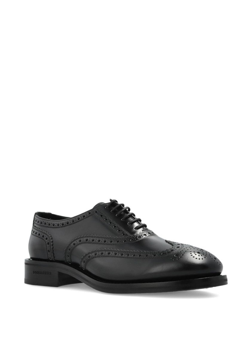 Dsquared2 Black Wingtip Perforated Leather Brogue Flats