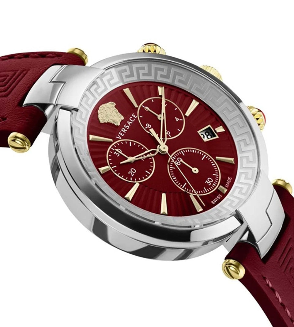 Versace Quartz Chronograph Watch With Red Dial And Calf Leather Strap
