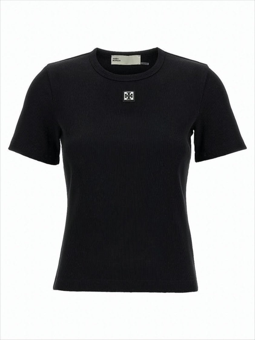 Tory Burch Ribbed Knit Short-Sleeved Top With Logo Patch