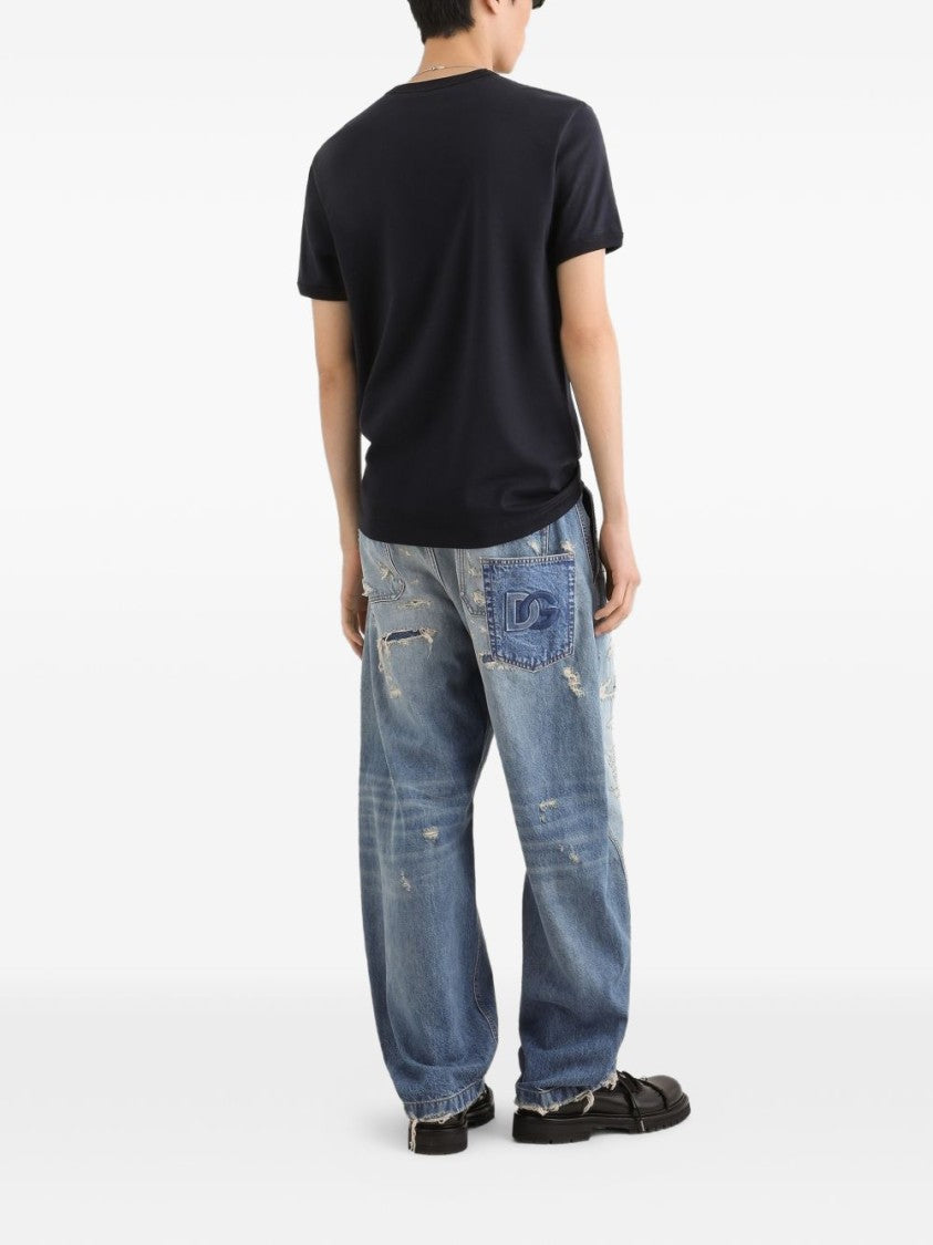 Dolce & Gabbana Blue Cotton Front Patch T-Shirt