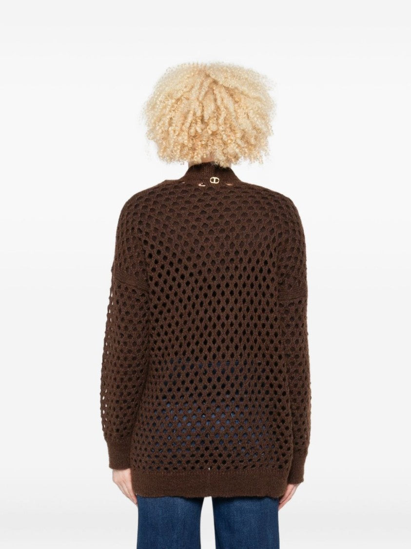 Twin-Set Open-Knit Brown Mohair And Wool Blend Cardigan