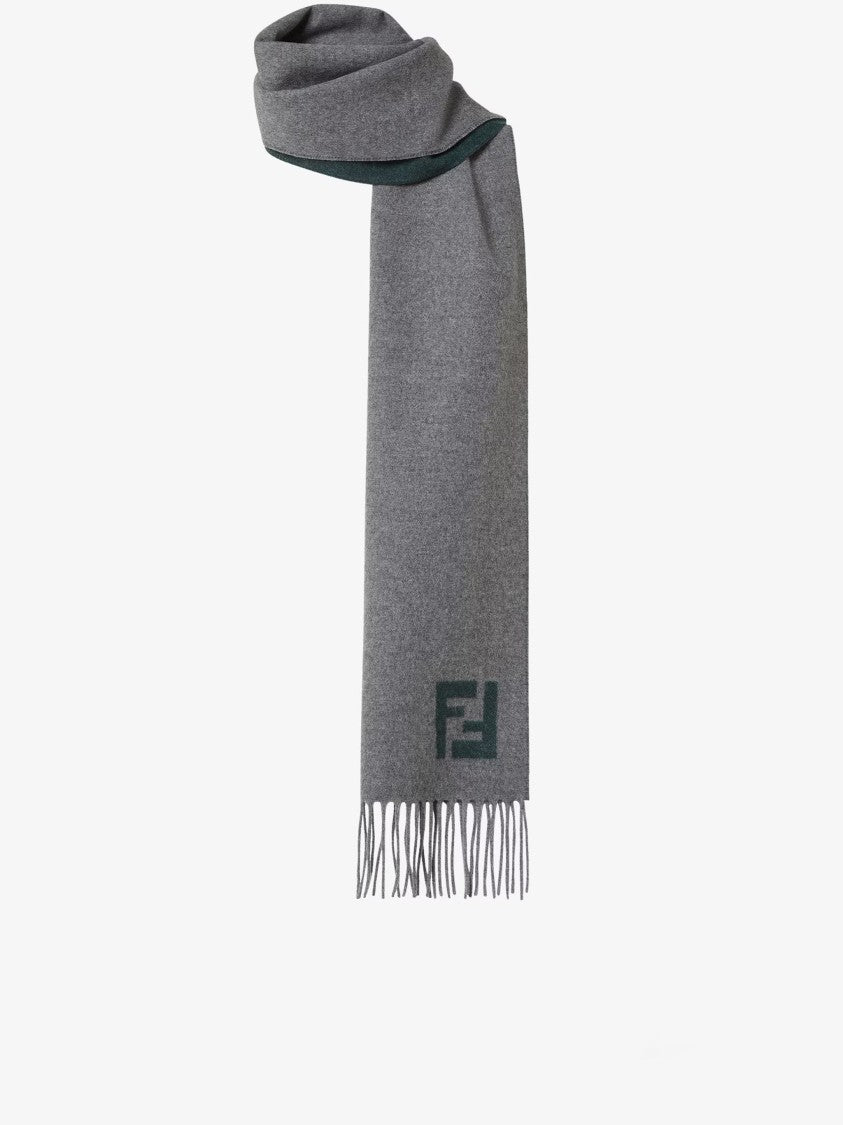 Fendi Ff Double-Sided Grey Green Fringed Scarf