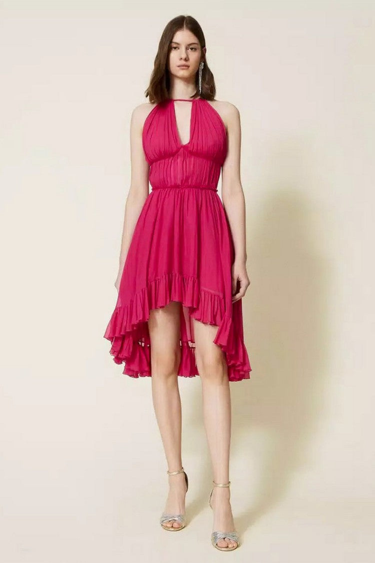Twin-Set Fuchsias Halter-Neck High-Low Ruffle Viscose Day Dress
