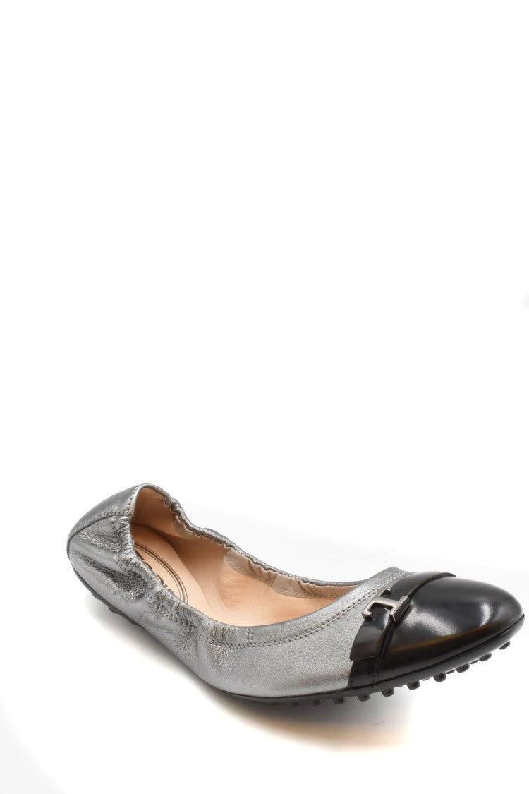 Tod's Dark Gray Elasticated Contrast Cap Toe Metallic Leather Flats