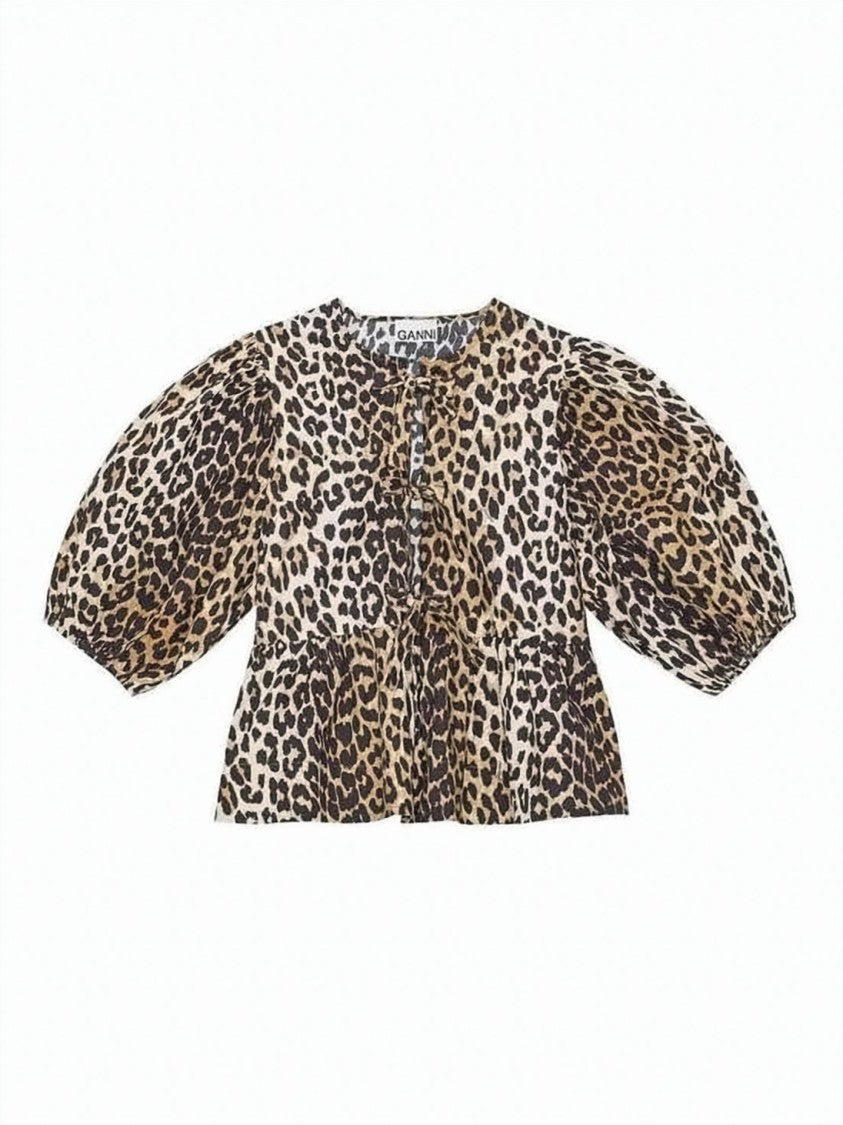 Ganni Leopard Print Organic Cotton Blouse With Puffed Sleeves
