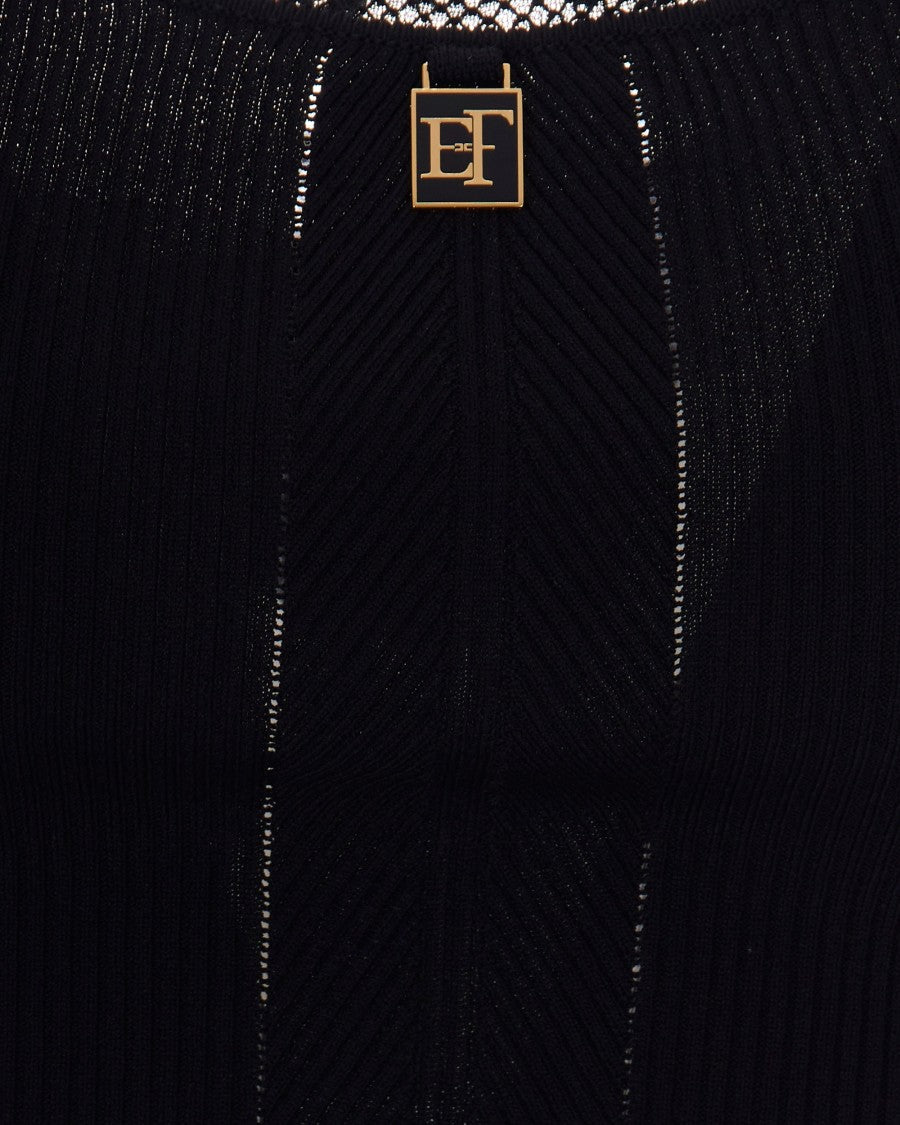 Elisabetta Franchi Slim-Fit Black Knit Top With Scalloped Lace Detail