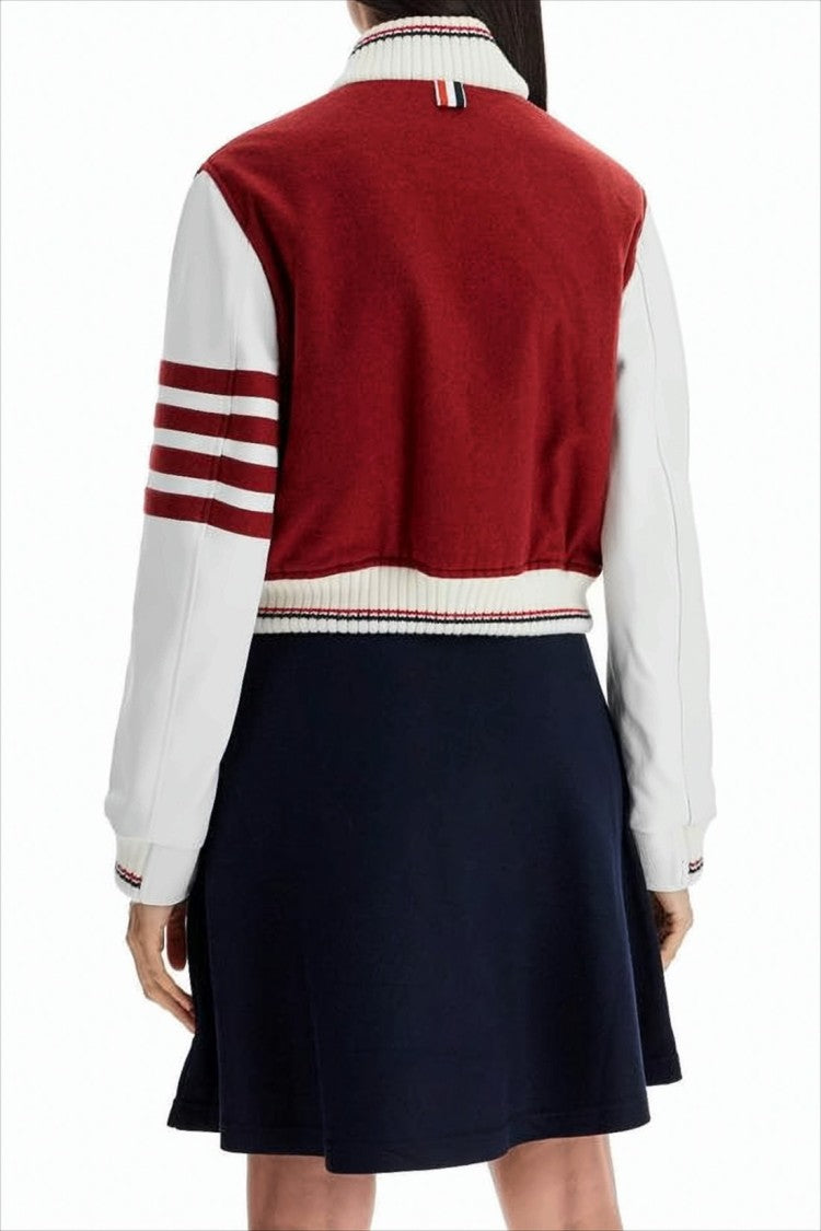 Thom Browne Cropped Varsity Jacket In Rich Red With Contrast Leather Sleeves