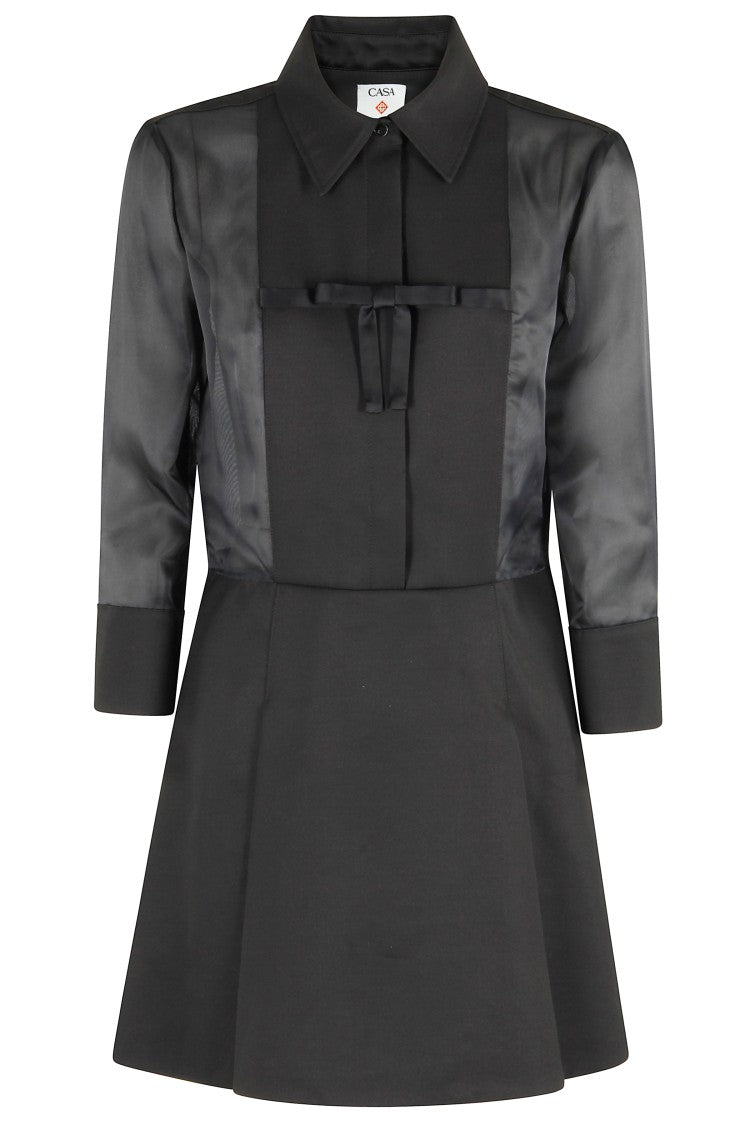 Casablanca Pleated Dress With Bow Detail And Sheer Sleeves