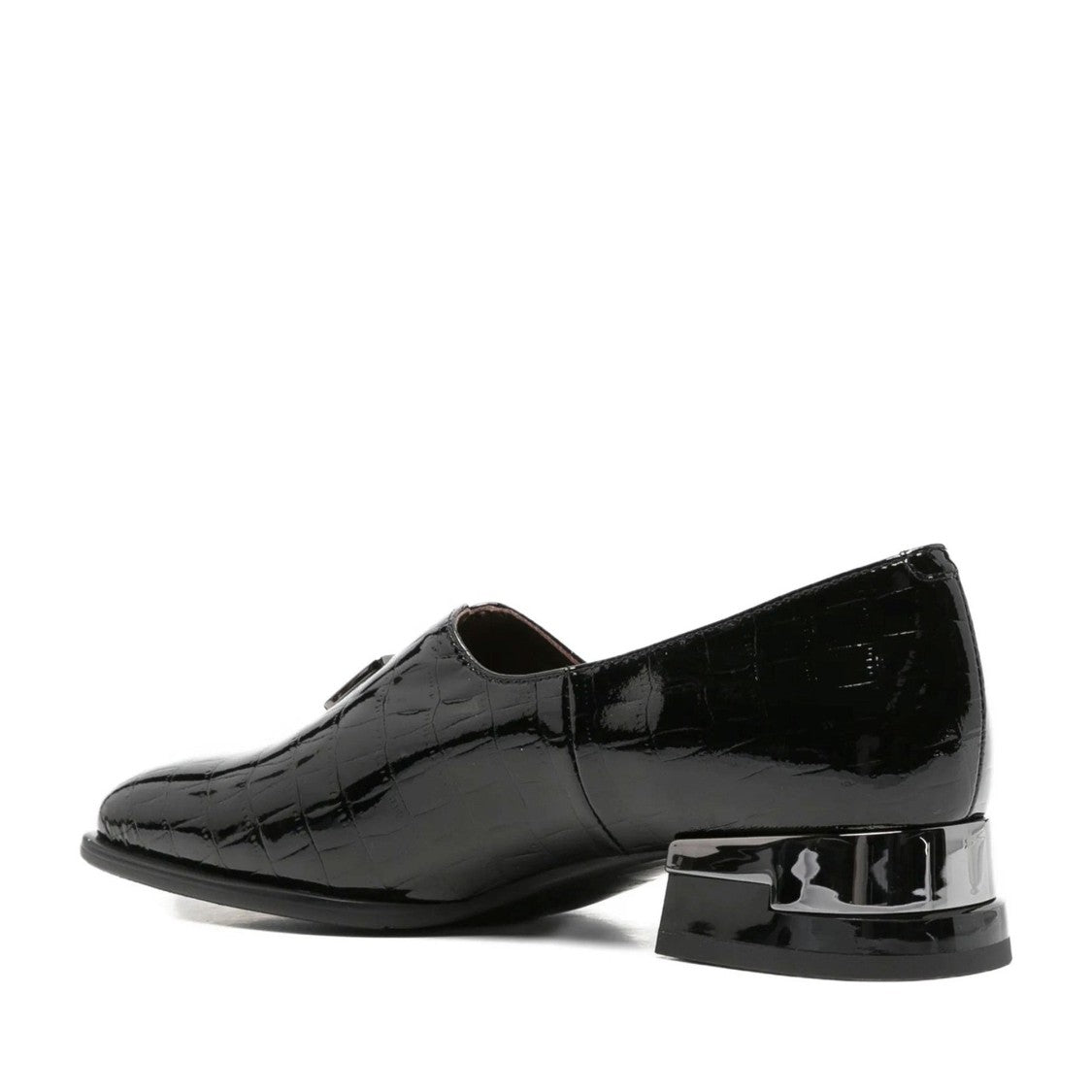 Linda Baumann Black Crocodile Pattern Glossy Patent Leather Low-Heeled Loafers