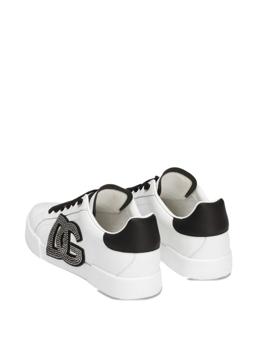Dolce & Gabbana Low-Top Leather Sneakers With Rhinestone Logo Accents