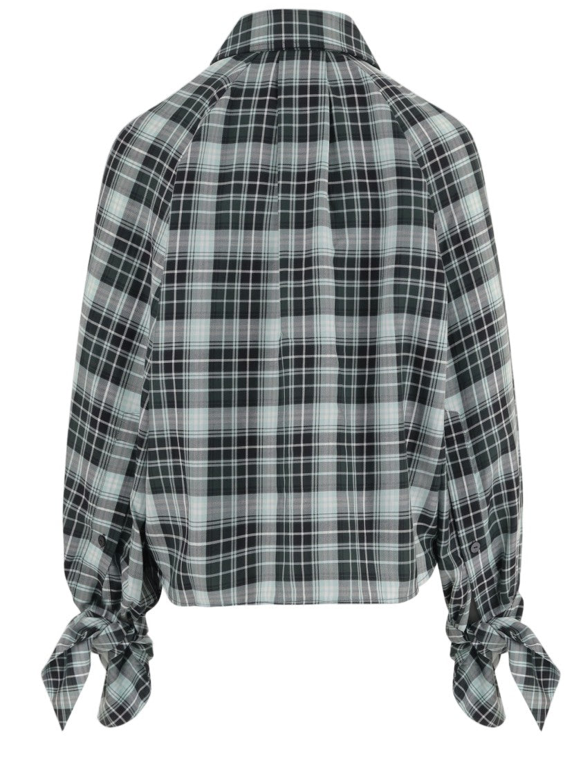 Patou Multi Checked Tied-Sleeve Cotton Blouse