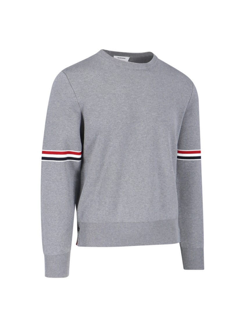 Thom Browne Grey Cotton Crewneck Sweater With Tricolor Grosgrain Highlights