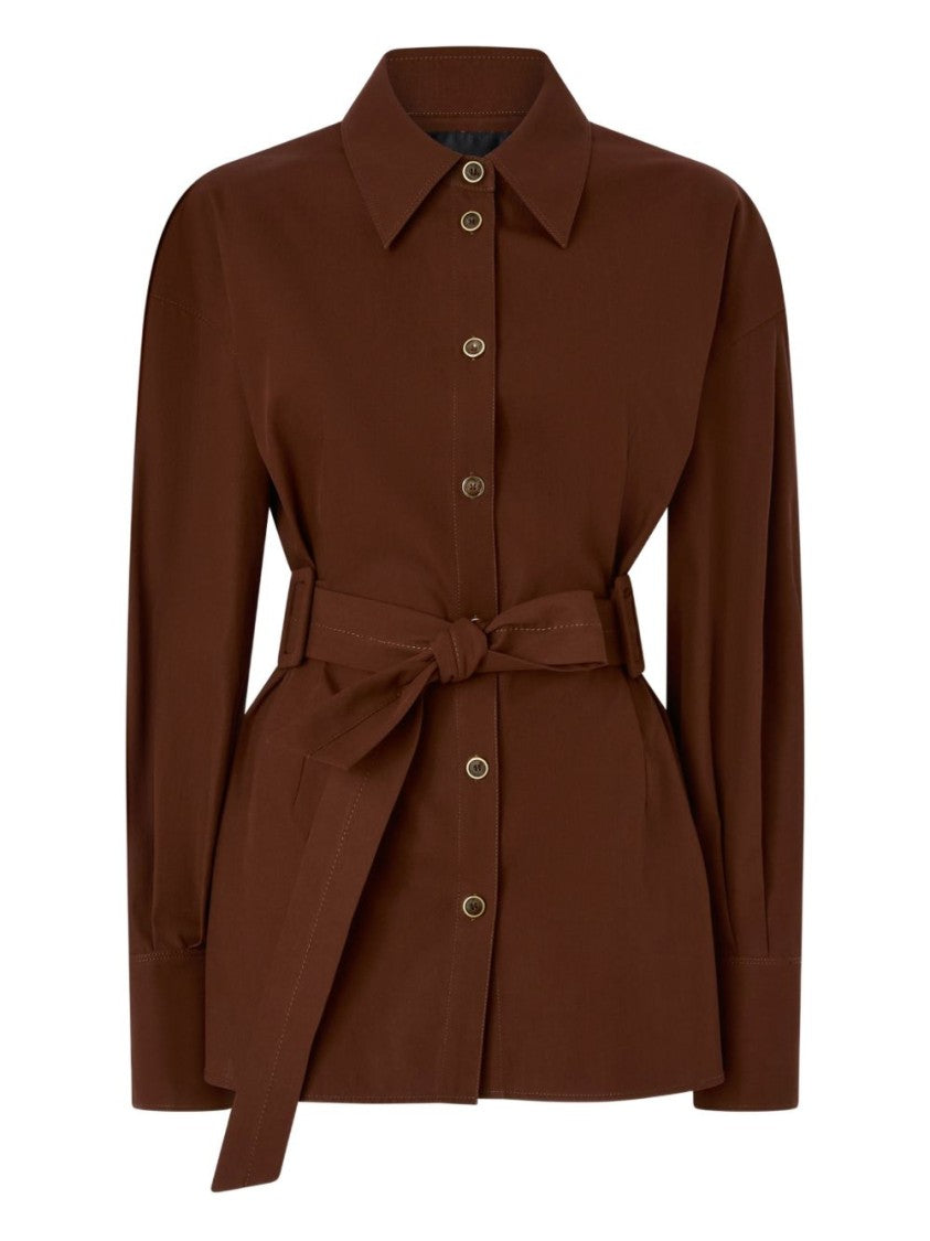 Pinko Brown Cotton Collared Belted Jacket