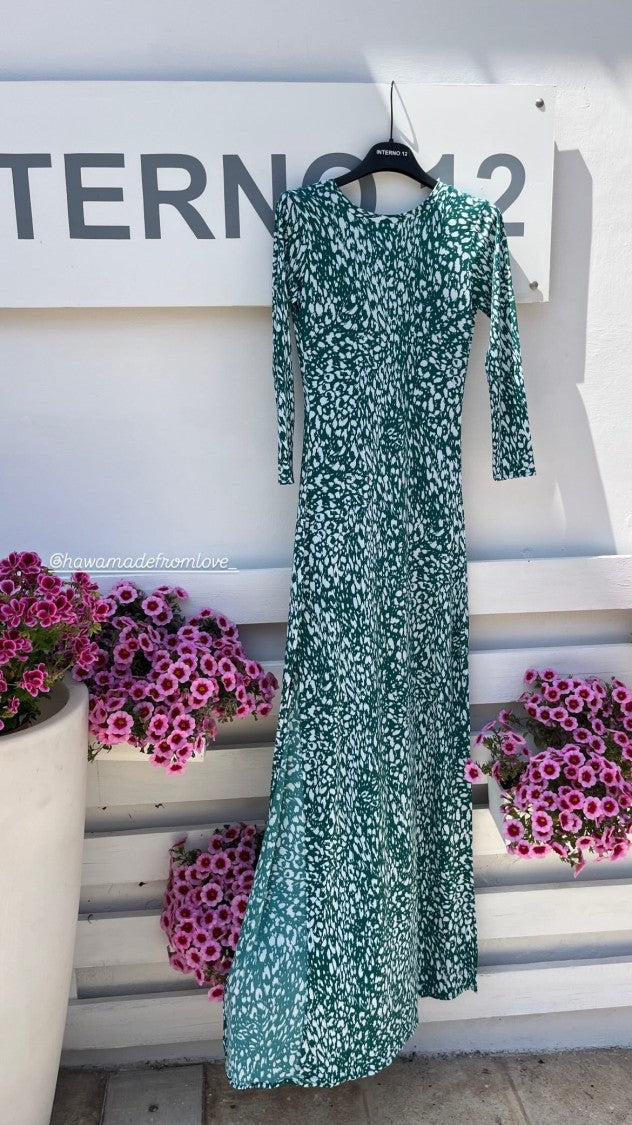 Hawa Made From Love Maha Green Midi Dress With Fitted Bodice And Flared Skirt