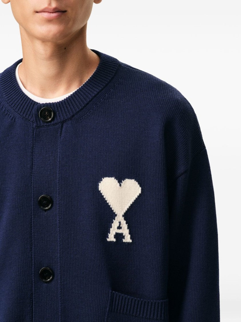 Ami Paris Blue Ribbed Button Front Patch Cardigan
