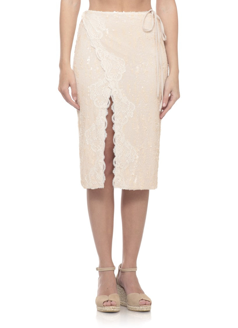 Miss Bikini Knee-Length Midi Skirt With All-Over Sequins And Lace Accents