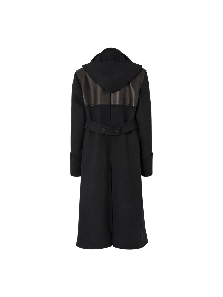 Fendi Black Double-Breasted Leather Yoke Virgin Wool Trench Coat