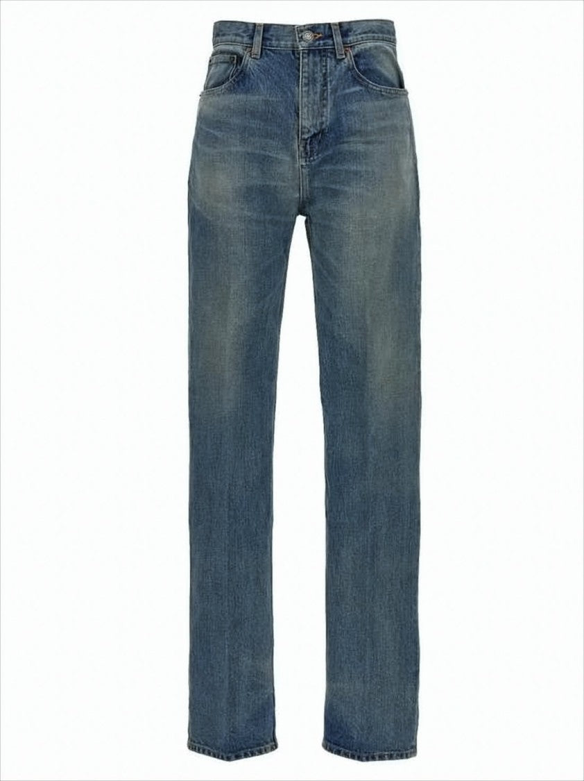 Saint Laurent Mid-Blue Straight-Leg Denim Pants With Whiskering Details
