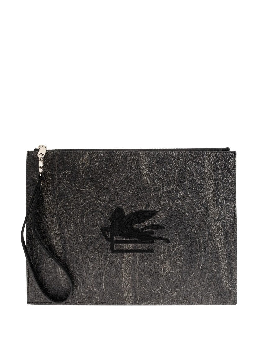 Etro Rectangular Black Paisley Embroidered Logo Pouch