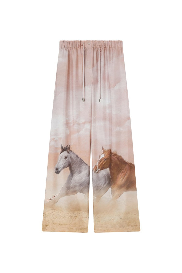 The Attico Wide-Leg Silk Trousers With Artistic Horse Print