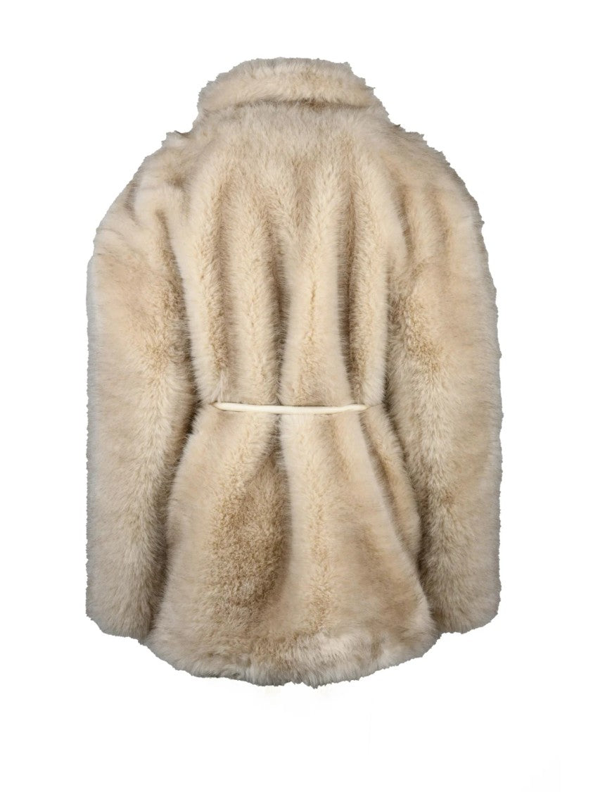 Sportmax Beige Polyester Belted Faux Fur Coat