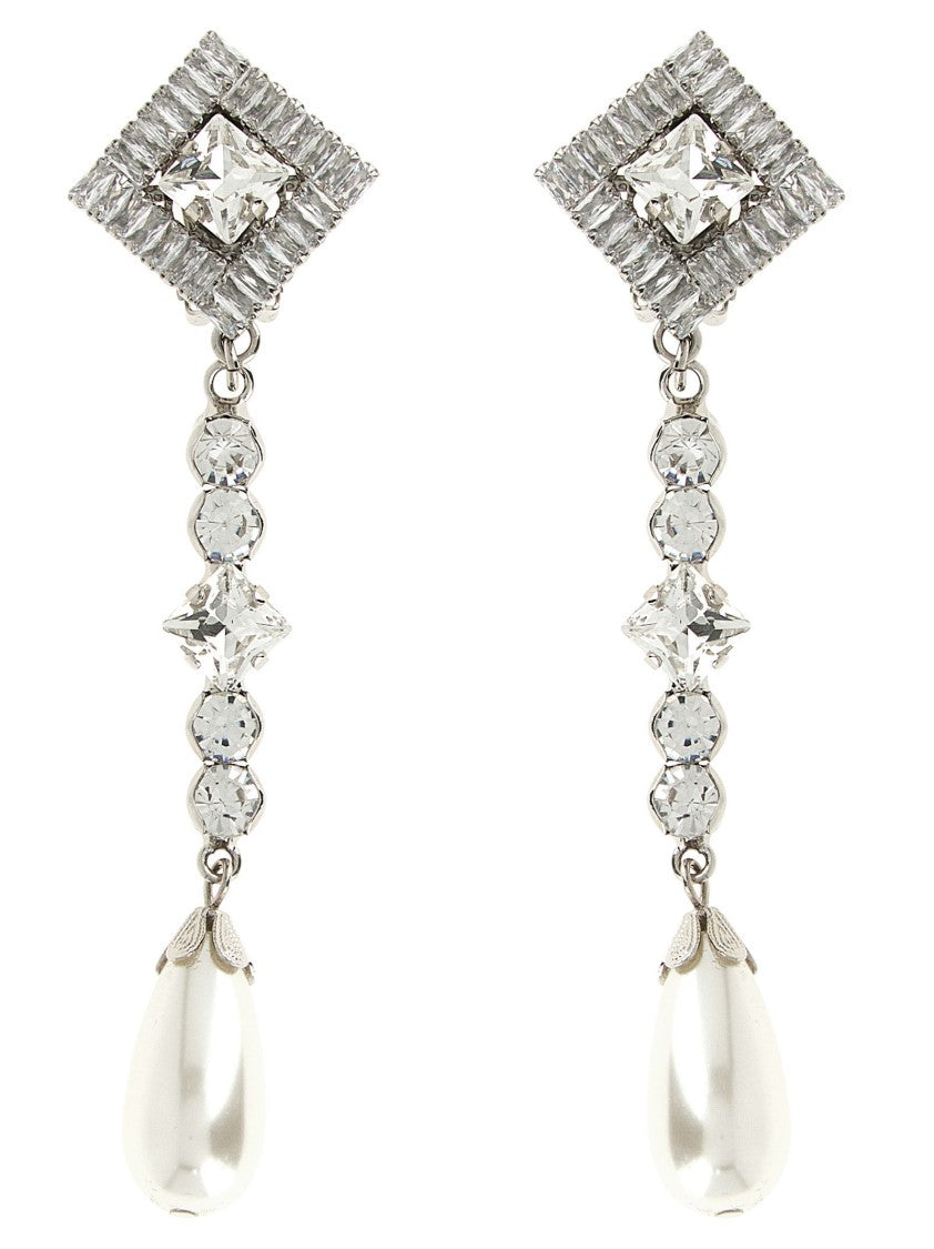 Alessandra Rich Geometric Pendant Earrings With Baguette Crystals And Pearl Drop