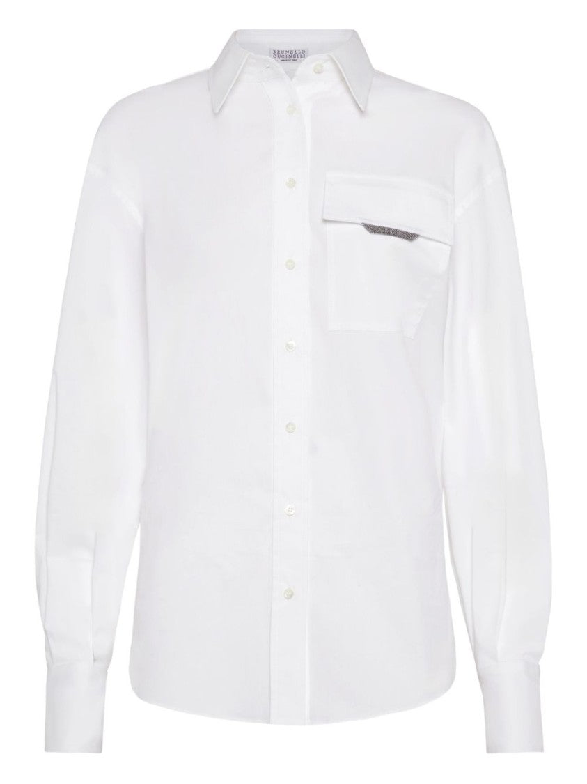Brunello Cucinelli Classic White Shirt With Pointed Collar And Modern Mesh Detail