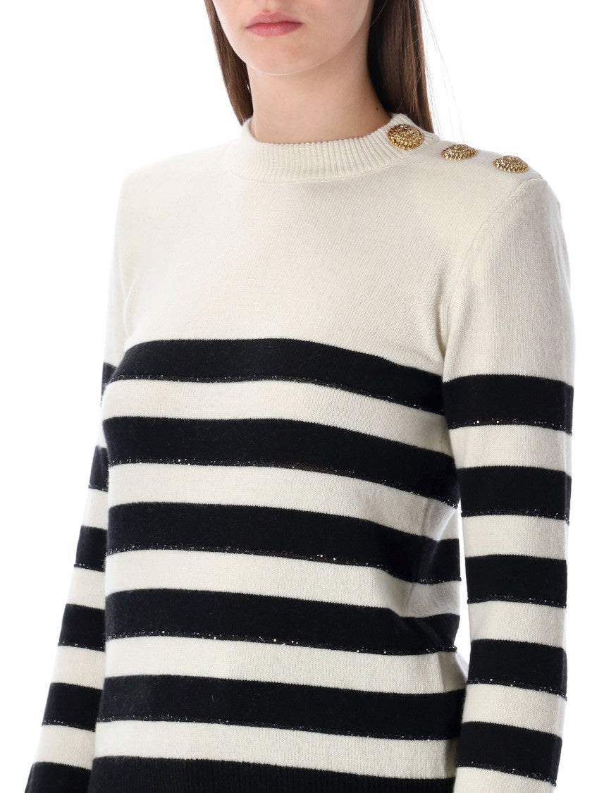 Balmain Lion Head Buttons Striped Sweater