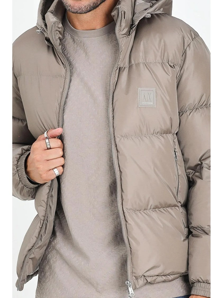 Armani Exchange Taupe Quilted Removable Hood Polyamide Down Jacket