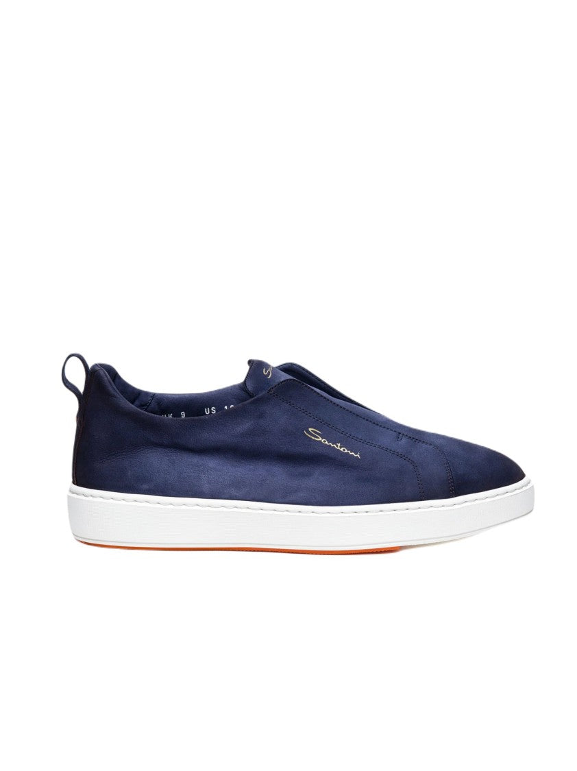 Santoni Slip-On Suede Sneakers With Rounded Toe And Decorative Buckle