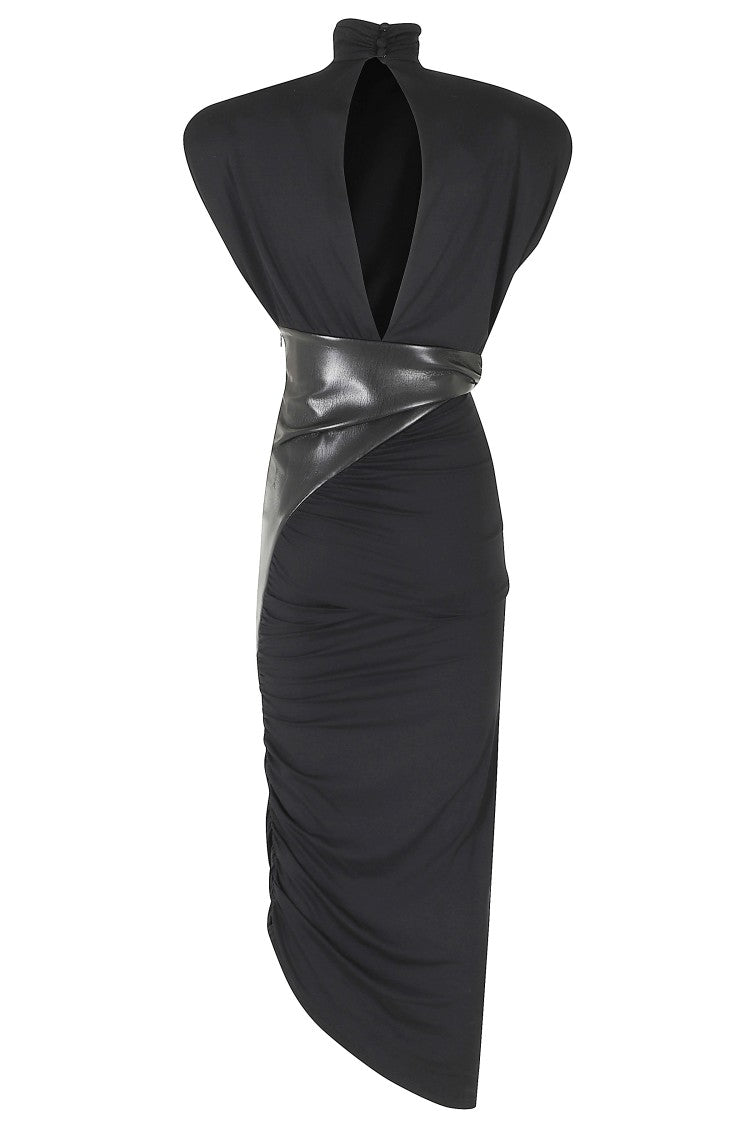 The Andamane Black Ursula Vegan Leather Waistband Draped Viscose Dress