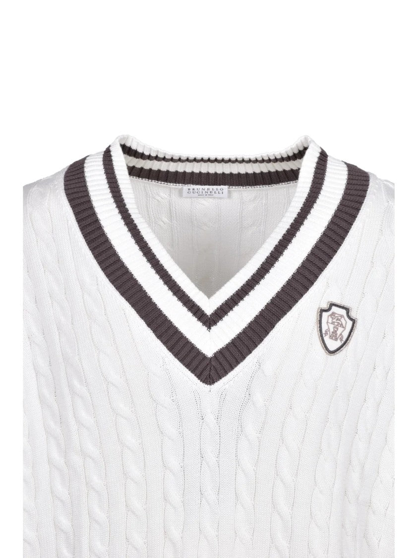 Brunello Cucinelli Short V-Neck Sweater With Cable Knit And Contrast Trim